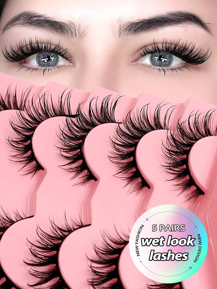 Asiteo 5 Pairs Spiky Manga Cat Eye Eyelashes False Eyelashes Wet Look Lashes Faux Mink Lashes Natural Winged Wispy Eyelashes - 尖尾漫畫款 - 查看 1