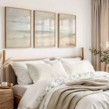 Juego de 3 impresiones en lienzo de paisaje de playa y minimalista - Arte de pared de paisaje marino en tonos pastel vintage, pósters sin marco para decoración de sala de estar, dormitorio y dormitorio