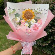 Christmas Handmade Crochet Artificial Heart-Shaped Flower Bouquet, Knitted Everlasting Tulip, Sunflower, Rose Flower Bouquet, Creative Gift For Birthday And Holiday Gifts Graduation