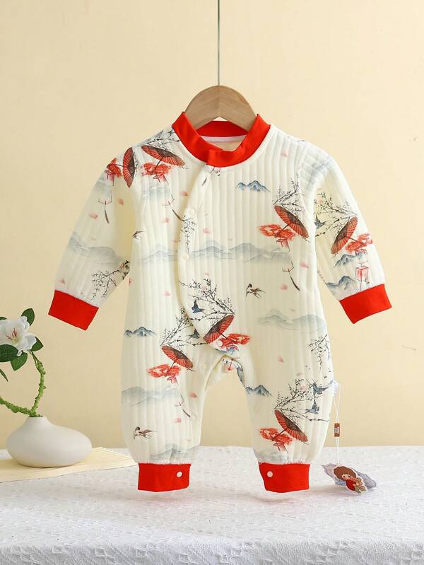 Infant's Ink Painting Print Front Button Jumpsuit, Thick & Fashionable, Suitable For Autumn/Winter