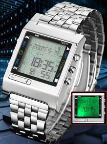 Reloj digital LED TVG para hombres, reloj de cuarzo deportivo, impermeable, de acero inoxidable plateado, con alarma, reloj de pulsera para hombres, regalo, regalo de San Valentín