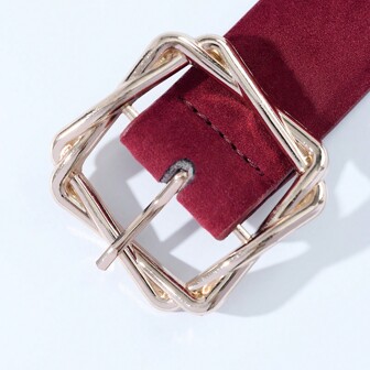 1pc Fashionable & Versatile Angola Red 3D PU Leather Belt With Gold Plated Asymmetrical Buckle, Suitable For Casual, Elegant, Sexy, Retro, Court Style, Business Party Outfits