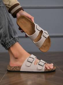 2025 Spring/Summer/Autumn/Winter Fashionable Men's Birken-Style Cork Bottom Sandals, Lightweight & Comfortable, PU Leather Upper, Adjustable Hook & Loop Closure, Non-Slip & Durable Cork Sole, Versatile For Casual Outings, Suitable For Men Who Pursue Both Fashion And Comfort - Beige - View 1