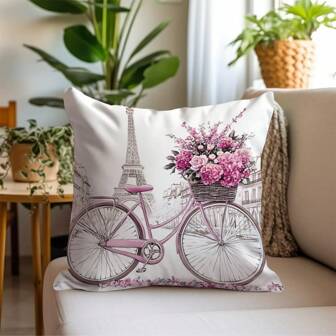 1 件 17.7*17.7 英寸（45*45 厘米）情人节复古粉色花卉明信片印花涤纶枕套 [不含枕芯]，家居装饰枕套，适用于沙发、卧室、汽车座椅，简约优雅，适合日常使用或送礼