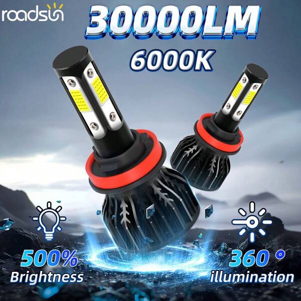 2pcs New Upgraded LED Bright Lamps 9005/HB3 9006/HB4 H4 H7 H11 H13 9007 6000K White 30000LM 180W Plug-N-Play Hi/Lo Beam All In One Quickly Spread Heat High Stability
