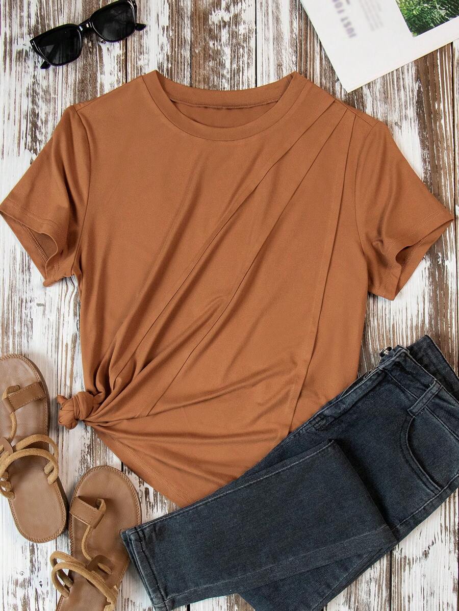 女士春夏休闲装时尚百褶设计超大时尚休闲度假透气舒适纯色日常户外短袖百搭日常搭配方便轻便快捷通勤休闲居家T恤女纯色圆领长袖休闲牙签条纹设计T恤，秋季女士圆领长袖休闲上衣，日常穿着 - 棕色 - 查看 1