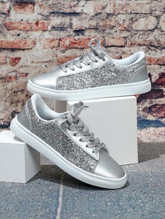 Chaussures décontractées chic pailletées argentées, Baskets mode pour couples lors de fêtes de Noël, dans la rue, pour la marche sportive, cadeaux du Nouvel An, chaussures de skateboard pour hommes