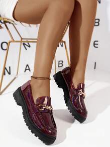 Giày lười đế xuồng bằng da bóng thời trang cỡ lớn cho nữ, trang phục dự tiệc, đế dày, dài, đa năng, chống trượt kiểu Anh, dùng ngoài trời - Màu Đỏ Sâu - Xem 6