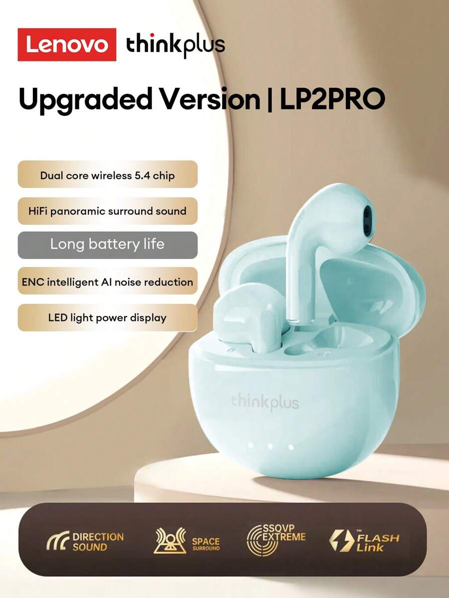 Lenovo 联想 LP2pro 蓝牙无线入耳式耳机，HiFi 音质，麦克风，适合游戏、音乐、运动、智能手机、电脑和平板电脑，电池续航时间长