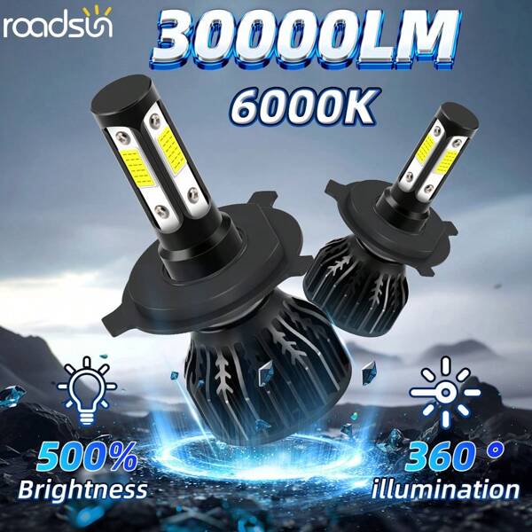 2pcs New Upgraded LED Bright Lamps 9005/HB3 9006/HB4 H4 H7 H11 H13 9007 6000K White 30000LM 180W Plug-N-Play Hi/Lo Beam All In One Quickly Spread Heat High Stability