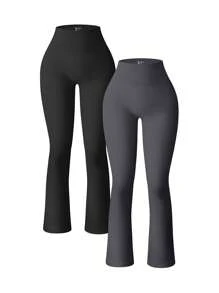 OQQ Women's 2 Piece Yoga Pants Ribbed Seamless Workout High Waist Bell Bottoms Flare Leggings - 黑色,深灰色 - 查看 1