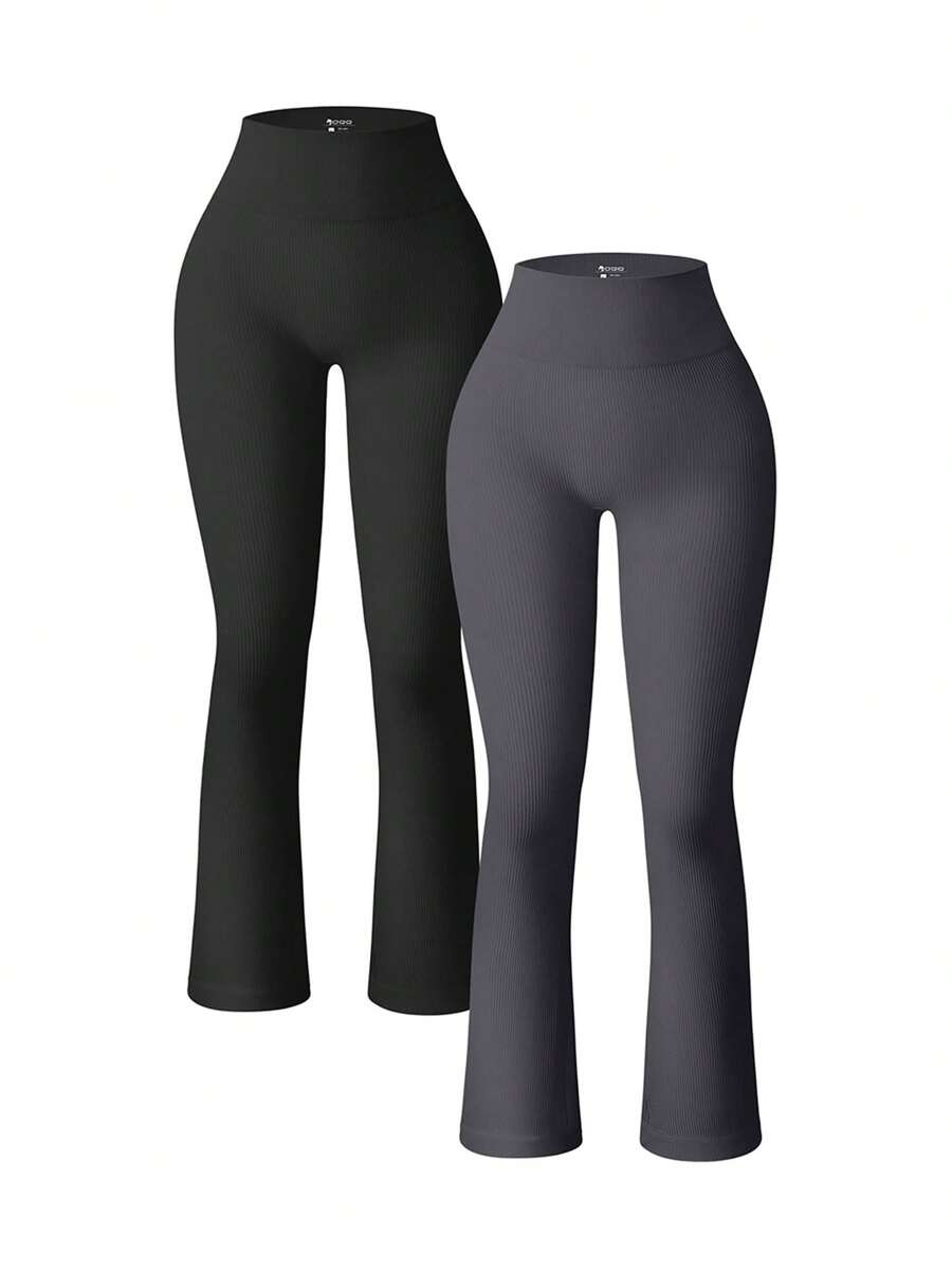 OQQ Women's 2 Piece Yoga Pants Ribbed Seamless Workout High Waist Bell Bottoms Flare Leggings - 黑色,深灰色 - 查看 1