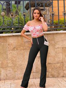 OQQ Women's 2 Piece Yoga Pants Ribbed Seamless Workout High Waist Bell Bottoms Flare Leggings - 黑色,紅色 - 查看 4