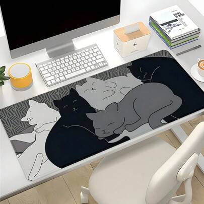 1 pieza Alfombrilla de ratón con diseño de gatos grises, estera de escritorio con dibujos animados lindos, accesorios de escritorio de oficina con borde cosido, base antideslizante de goma, alfombrilla para teclado de 35.4x15.7 pulgadas, para oficina, hogar y vuelta al colegio, para juegos