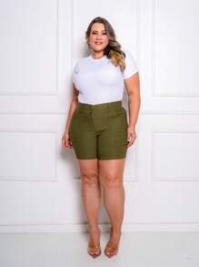 Women's Plus Size Shorts With Buttons Mid-Thigh Women's Plus Size Shorts - Army Green - View 2