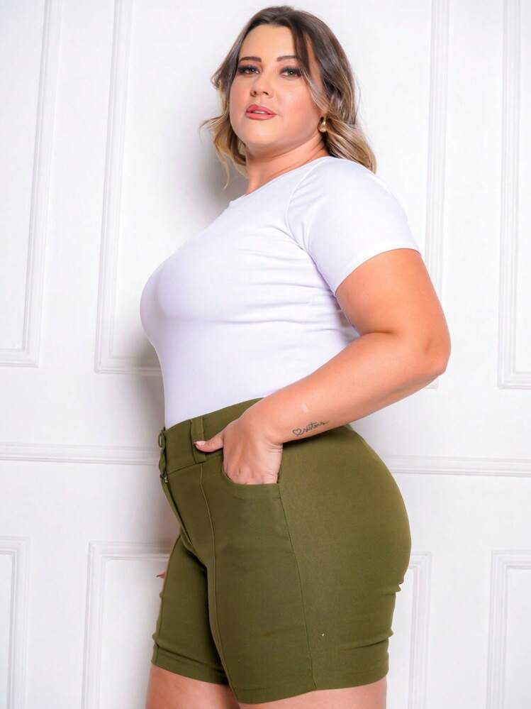 Women's Plus Size Shorts With Buttons Mid-Thigh Women's Plus Size Shorts - 軍綠色 - 查看 4