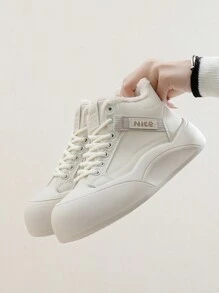 Giày thể thao cổ cao lót nhung Ins màu trắng dành cho nữ, giày trượt patin đa năng phong cách Hàn Quốc, ấm áp và giản dị - Màu be - Xem 6