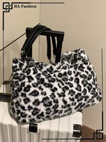 Bolsa tote peluda com estampa de leopardo, grande capacidade, estilo clássico, bolsa de ombro fashion, para deslocamento e uso diário