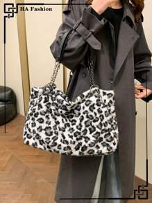 Bolsa tote peluda com estampa de leopardo, grande capacidade, estilo clássico, bolsa de ombro fashion, para deslocamento e uso diário