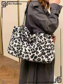 Bolsa tote peluda com estampa de leopardo, grande capacidade, estilo clássico, bolsa de ombro fashion, para deslocamento e uso diário