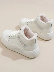 Giày thể thao cổ cao lót nhung Ins màu trắng dành cho nữ, giày trượt patin đa năng phong cách Hàn Quốc, ấm áp và giản dị - Màu be - Xem 3