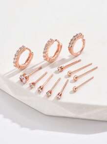 Set Of 12pcs Earrings: 2pcs Fully Paved Cubic Zirconia Hoop, 1pc Cubic Zirconia Ear Cuff, 9pcs Cubic Zirconia Stud Earrings - Rose Gold - View 4