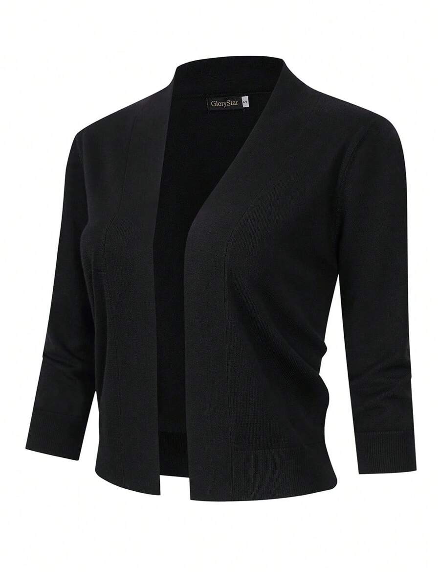 Women's 3/4 Sleeve Cropped Cardigan Sweaters Open Front Knit Short Bolero Shrugs - màu đen - Xem 1