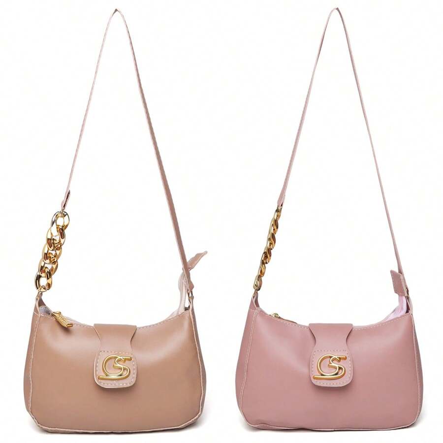 Kit Of 2 Assorted Women's Crescent Half Moon Bags, Small Bag, Elegant, Everyday, Party, Smooth Handle And Side Chain, Zipper And Magnetic Closure, Synthetic PU, Children's, Youth Or Adult Bag, Perfect For Personal Objects Such As, Cell Phone, Wallet, Makeup Palette, Lipstick, Lip Gloss, Keys, Documents, Super Light Bag. Gaby Show - 黑色 - 查看 1