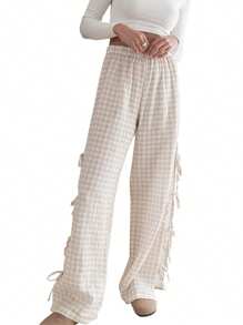 Women Y2k Tie Up Gingham Pants High Rise Elastic Waist Wide Leg Loose Lounge Bottom Pants - Khaki - View 1