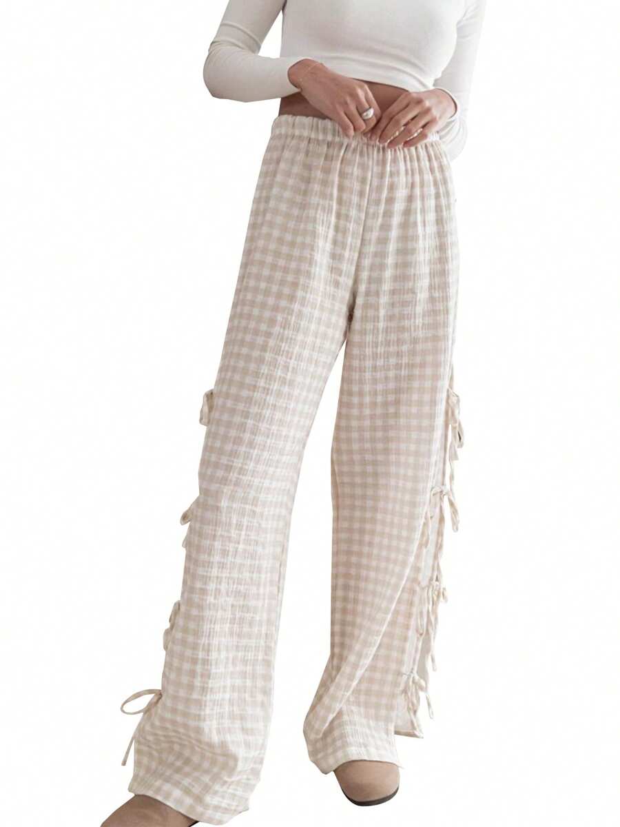 Women Y2k Tie Up Gingham Pants High Rise Elastic Waist Wide Leg Loose Lounge Bottom Pants - Khaki - View 1