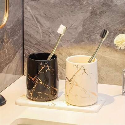 Couple's Mouthwash Cup, High-End Toothbrush Holder, Bathroom Storage Rack, Simple And Creative Couple's Gargle Cup, Ceramic Toothbrush Cup, Marble Pattern Handleless Mouthwash Cup Home Bathroom Decor Fall Decor Back To School