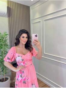 Women's Midi Dress Short Sleeve Delicate Floral Loose Modest Princess Dress - Màu Hồng baby - Xem 3