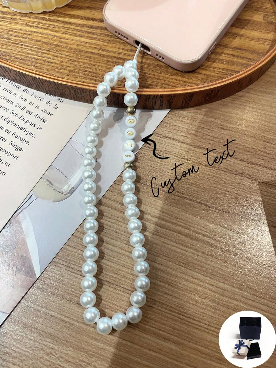 Customized Pearl Alphabet Mobile Phone Chain, Fashionable And Elegant, Customizable With Name, Slogan, Location Or Date, Suitable For Birthday, Anniversary, Gift Giving And Wearing