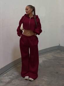 Women Casual Warm Hoodies Sweatshirt And Sweatpants Set - 酒紅色 - 查看 1