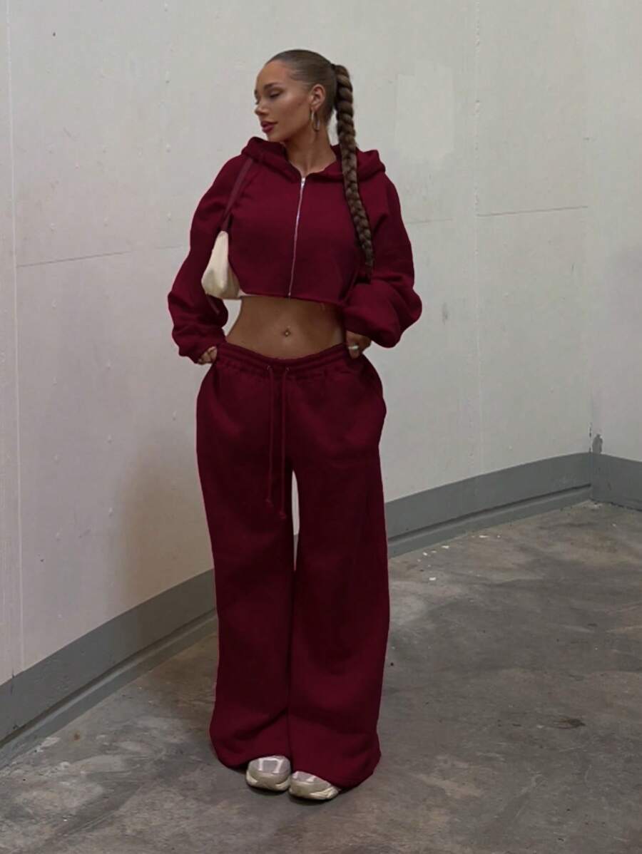 Women Casual Warm Hoodies Sweatshirt And Sweatpants Set - 酒紅色 - 查看 1