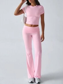 情人节休闲纯色修身短袖上衣和喇叭裤针织运动两件套