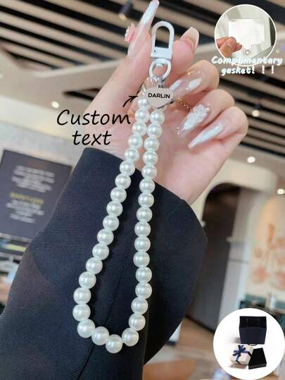 Customized Phone Strap - Fashionable Minimalist Pearl Heart Engraved Phone Strap With Free Phone Strap Washer. Can Customize Name, Slogan, Date, Suitable For Birthday, Anniversary, Gift Giving, Daily Wear