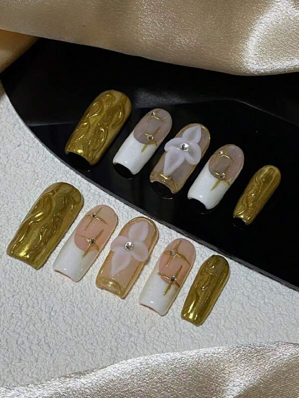 10 sztuk czystego, ręcznie robionego, kwadratowego, magicznego lustrzanego proszku 3D, trójwymiarowy, rzeźbiony, mały, biały, francuski, elegancki, spersonalizowany, modny, odpowiedni na różne festiwale, można nosić wielokrotnie, dociskać paznokcie, artykuły do paznokci, paznokcie