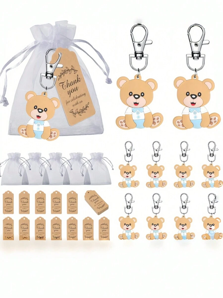 18 sztuk/zestaw prezentów niedźwiedzi (6 uroczych breloków niedźwiedzi + 6 torebek + 6 etykiet z papieru kraft z podziękowaniami) Zestaw prezentów na przyjęcie w lesie - nadaje się do dekoracji na przyjęcie urodzinowe, pamiątkowe prezenty, zawieszka niedźwiedzia, brelok na przyjęcie, torba prezentowa