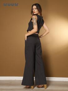 WUUW Women Striped Formal Business Suit Set With Single Button Vest And Trousers, Casual Office Wear For Ladies - màu đen - Xem 2