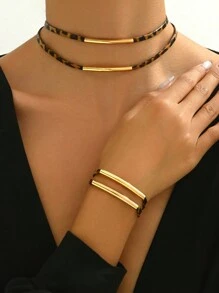 2pcs/Set Autumn/Winter Leopard Print Metallic Geometric Line Necklace & Bracelet Set, European And American Style