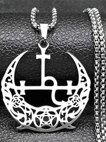 Wicca Triple Moon Crescent Pentagram Pedant Necklace For Women Men Stainless Steel Gold Color Satan Lilith Demon Seal