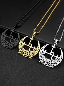 Wicca Triple Moon Crescent Pentagram Pedant Necklace For Women Men Stainless Steel Gold Color Satan Lilith Demon Seal