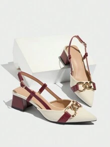 Giày cao gót đế dày mũi nhọn kín màu thanh lịch dành cho nữ, trang trí khối màu thanh lịch, phù hợp để đi làm hàng ngày, sự kiện ngoài trời, những dịp trang trọng vào mùa thu/đông, màu đỏ rượu vang, thanh lịch, trang phục dự tiệc - Màu Đỏ Sâu - Xem 4