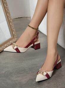 Giày cao gót đế dày mũi nhọn kín màu thanh lịch dành cho nữ, trang trí khối màu thanh lịch, phù hợp để đi làm hàng ngày, sự kiện ngoài trời, những dịp trang trọng vào mùa thu/đông, màu đỏ rượu vang, thanh lịch, trang phục dự tiệc - Màu Đỏ Sâu - Xem 3