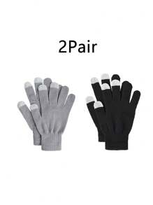 2 双冬季儿童保暖手套针织手套冬季手套黑灰色全指手套男女童 - 彩色 - 查看 11