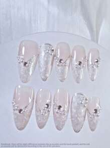 10 件手工美甲，杏仁长尖法式珍珠钻石美甲，梦幻高端假指甲，创意图案，卡通甜美，酷炫，独特可爱高端卡通美甲按压指甲美甲用品指甲