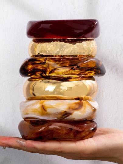 1 件树脂粗袖口手镯金色金属腕口套装，女士堆叠粗手链套装，粗珠宝，女士礼物节日礼物送给母亲妻子