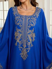 Blue Embroidered Arabic Round Neck Dress Casual Loose Moroccan Kaftan Dresses - Màu xanh lam - Xem 3