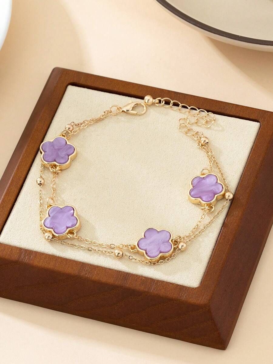 1pc Fashion New Stylish Lucky Clover Layered Bracelet For Women, Party Gift (Excluding Gift Box, Random Bead Quantity) - Purple - View 1